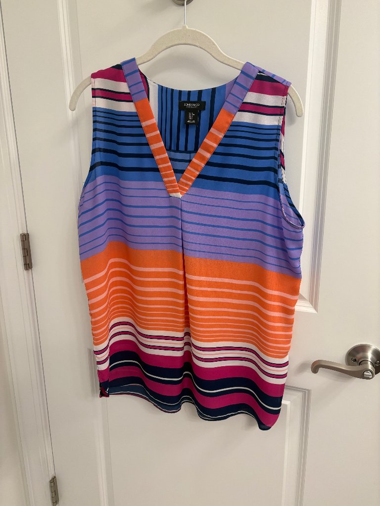 Jones & Co - Jones New York Sleeveless Blouse L Stripes Blue Orange Pink Navy